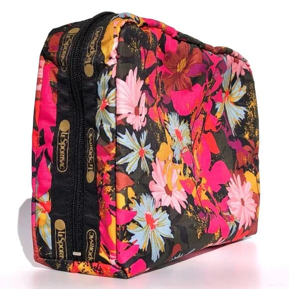 LeSportsac Rectangular Cosmetic Case black pink floral print travel domed zip - Picture 2 of 13